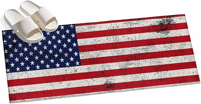 Runner Rug for Bedroom Hallway, Independence Day Stars Stripes Retro Kitchen Runner Rugs Area Rug 2x6ft, Patriotic Flag Red Blue Washable Soft Floor Carpet for Entryway Stair