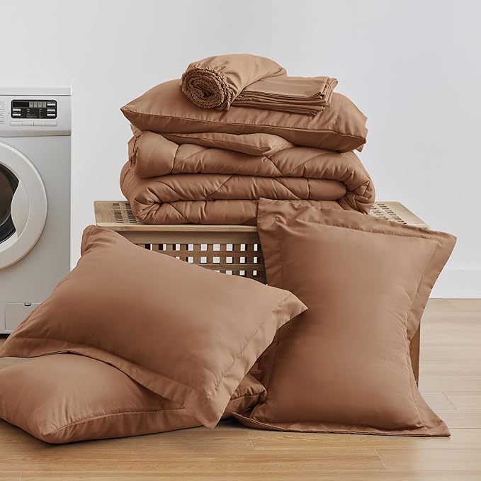 Love's cabin Queen Comforter Set Mocha Mousse, 7 Pieces Queen Bed in a Bag, All Season Bedding Sets with 1 Comforter, 1 Flat Sheet, 1 Fitted Sheet, 2 Pillowcase and 2 Pillow Sham | Soft, Breathable, Lightweight, Comfortable
