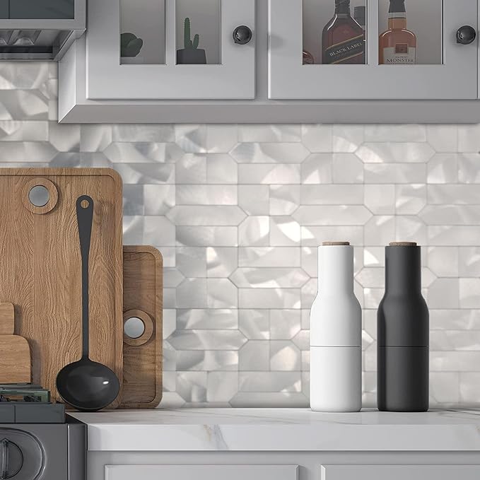 XUANINY 5-Sheet Peel and Stick Metal Backsplash Tiles, Self Adhesive Multiple-Shapes Aluminum Mosaic 3D Wall Sticker for Kitchen Bathroom Decor (5, Silver)