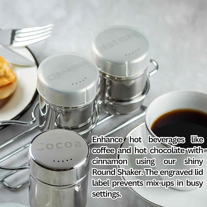 TableCraft 11052 Dredge Shaker, Stainless Steel 6 oz Coffee and Baking Spice Jar with Storage Cap, Mirror Finish, Nutmeg Engraved Lid Label, Ideal for Kitchen and Beverage Bar Use