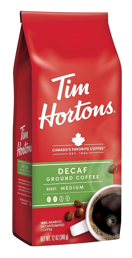 Tim Horton's 100% Arabica Medium Roast,Decaffeinated,Ground Coffee,12 Ounce,(Pack of 2)