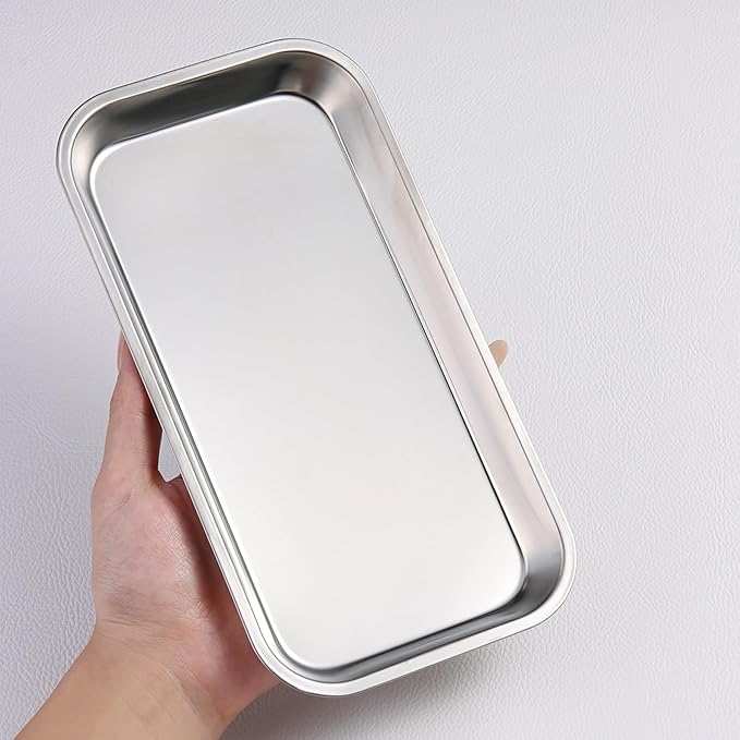 SUTOKAKA Decorative Serving Tray, Manicure Tools Storage Dish, Perfume Jewelry Dinner Placing Plate for Bedroom Kitchen Salon Supplies (Silver - 2PC, 8.86 * 4.61 * 0.79 INCH)