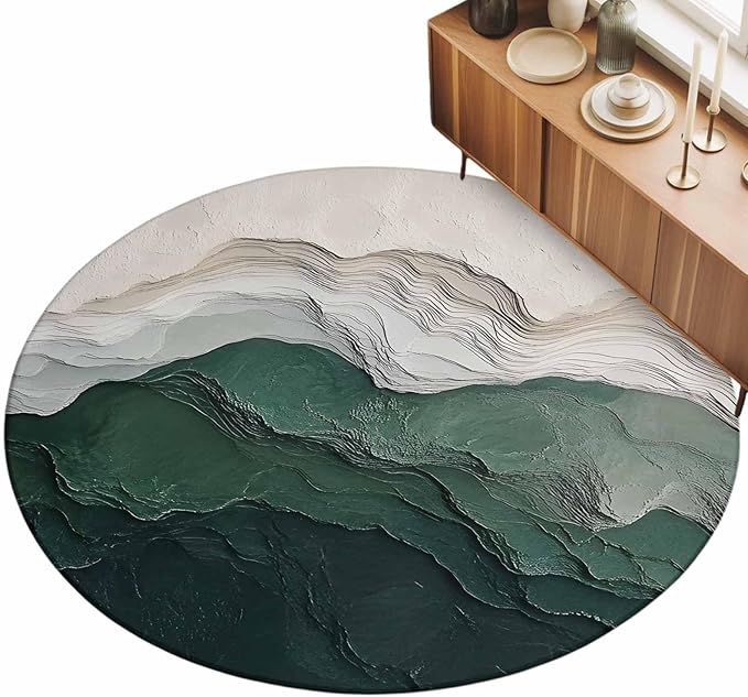 Washable Round Area Rug Rustic Green Gray White Mountain Range Circle Rugs Floor Carpet for Living Room Bedroom, Abstract Art Soft Non Slip Round Rug 3ft