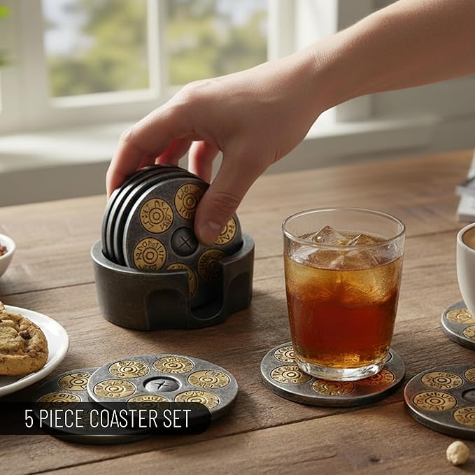 Pine Ridge 357 Revolver Coaster- 5 Piece Drink Coaster Set for Kitchen, Dining and Bar Decor