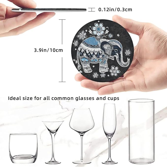 Famame 6 Pcs Ethnic Floral Elephant Leather Coasters for Drinks with Holder Coaster Sets Drink Table Cup Coasters for Living Room Kitchen Coffee Decor