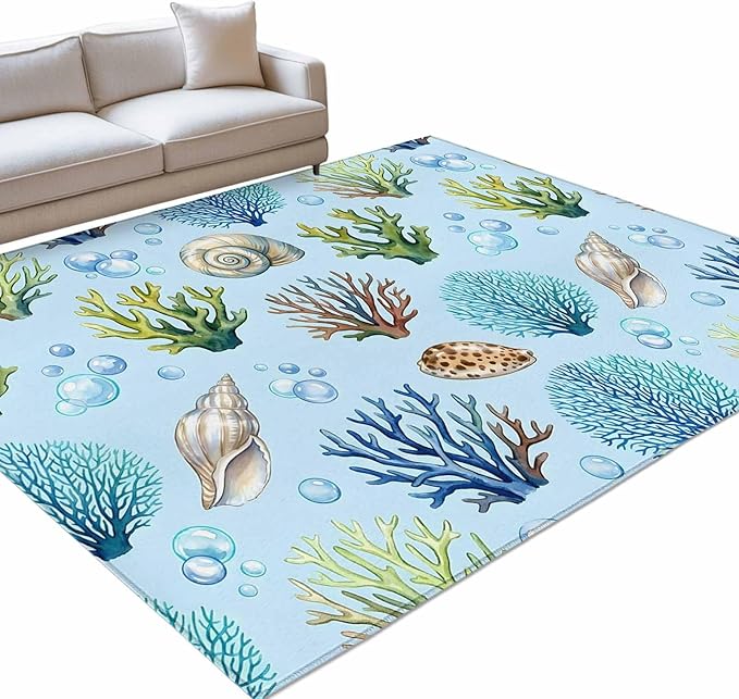 Area Rug 8x10ft, Coastal Shell Coral Bubble Washable Rugs for Living Room Bedroom, Nautical Ocean Blue Underwater Scene Soft Non-Slip Area Rugs Rectangle Floor Carpet for Dining Room