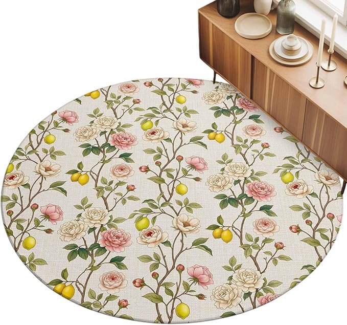 Washable Round Area Rug Farmhouse Blossom Flower Leaf Lemon Circle Rugs Floor Carpet for Living Room Bedroom, Summer Retro Floral Fruit Soft Non Slip Round Rug 3ft