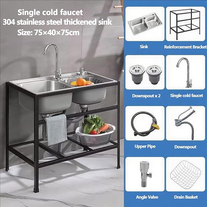 Double Bowl Stainless Steel Sink,FreeStanding Stainless Steel Outdoor Laundry Tub,with Black Storage Shelves, for Garage, Restaurant, Kitchen