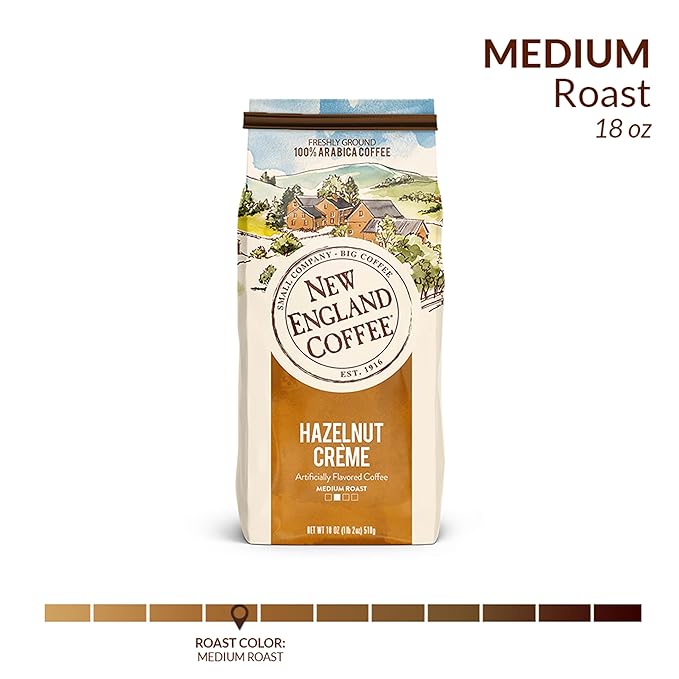 New England Coffee Hazelnut Crème Medium Roast Ground Coffee, 18oz Bag (Pack of 4)