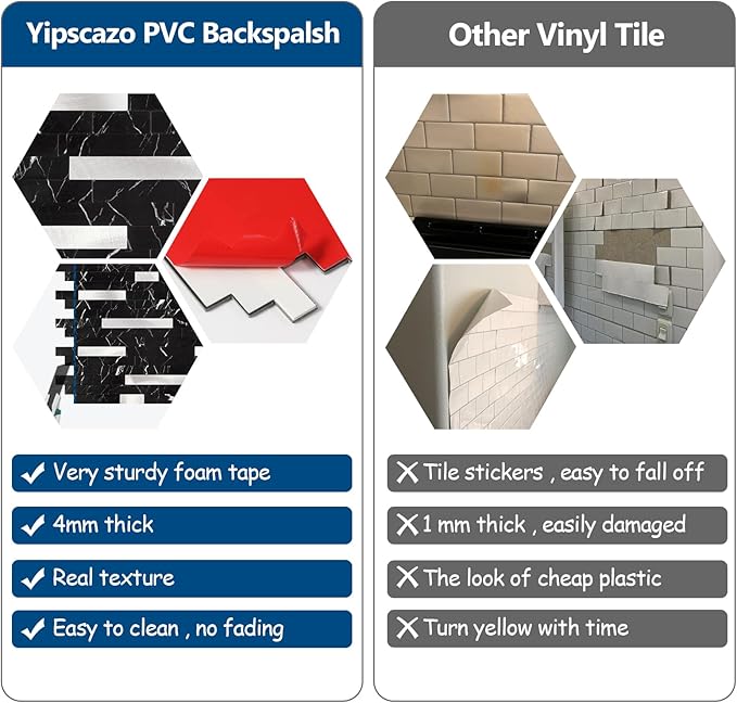 Yipscazo 1 Sheet Peel and Stick Stone Metal Tile Backsplash, Stick on Tiles for Backsplash Kitchen, Bathroom, Laundry Room, Camper, Fireplace (12'' X 12'', Pure Black)