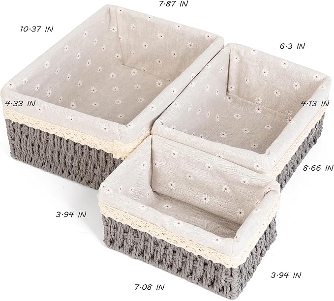 Wicker Baskets for Organizing,Natural Paper Rope Large Small Basket Set with Liner,Hand Woven Pantry Organizer & Storage for Women Girls Bathroom Living Room School Desk Shelves Décor(3 Pack Grey)