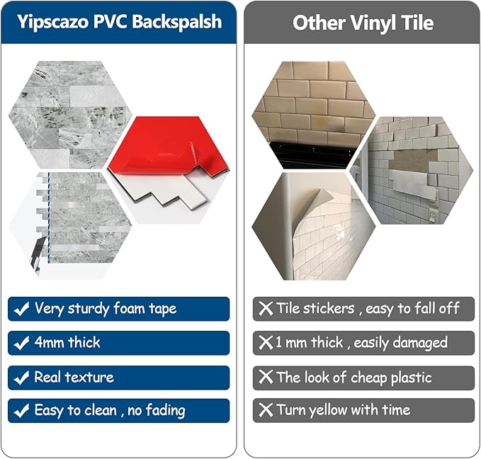 Yipscazo 20 Sheets Peel and Stick Stone Metal Tile Backsplash, Stick on Tiles for Backsplash Kitchen, Bathroom, Laundry Room, Camper, Fireplace (12'' X 12'', Polished Gray)