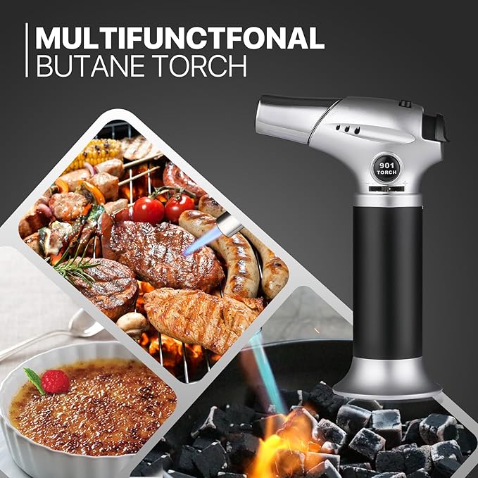 mollie Mini Butane Torch Lighter with Adjustable Flame, Small Refillable Kitchen Cooking Blow Torch for Creme Brulee, Windproof Baking Torch with Safety Lock, Silver (Butane Gas Not Included)