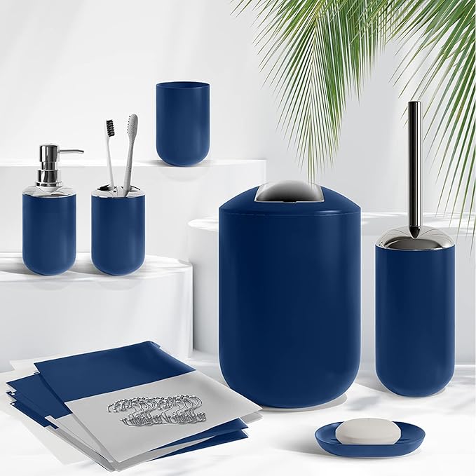 Clara Clark Bathroom Accessories Set - 23PC Shower Curtain Set with Bathroom Trash Can, Navy Bathroom Set, Bathroom Sets with Shower Curtain and Navy Rugs
