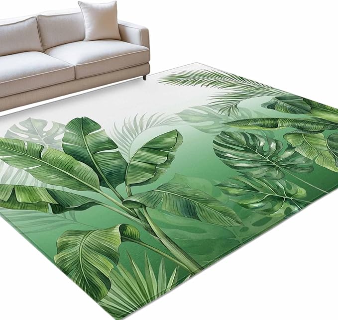 Area Rug 3x5ft, Botanical Rainforest Plants Washable Rugs for Living Room Bedroom, Watercolor Tropical Banana Leaves Soft Non-Slip Area Rugs Rectangle Floor Carpet for Dining Room