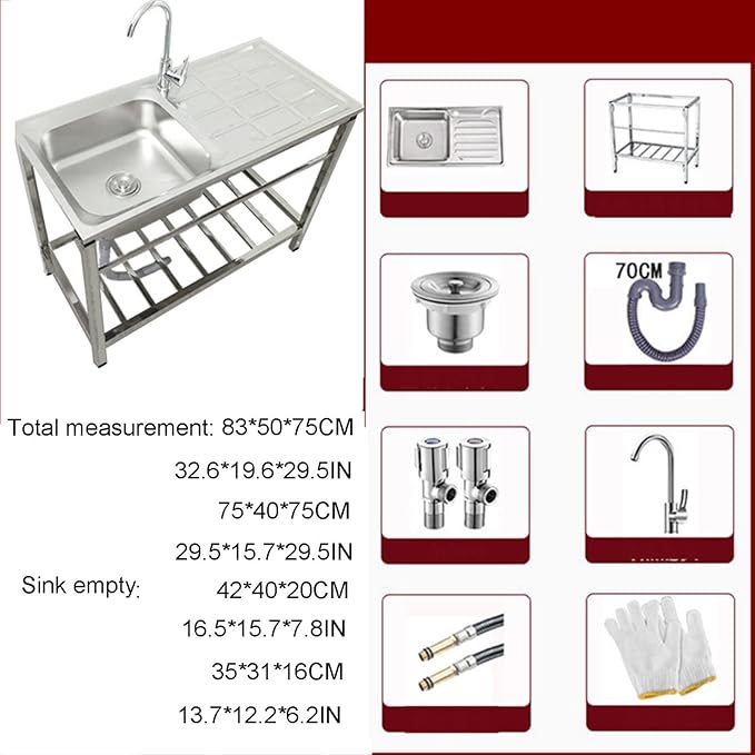Sink Stainless Steel Kitchen Sink, for Washing Hands, Commercial Restaurant Utility Fish Cleaning Table, for Restaurant, Bar, Laundry, Garage, Backyard,with Faucet-83 * 50 * 75cm