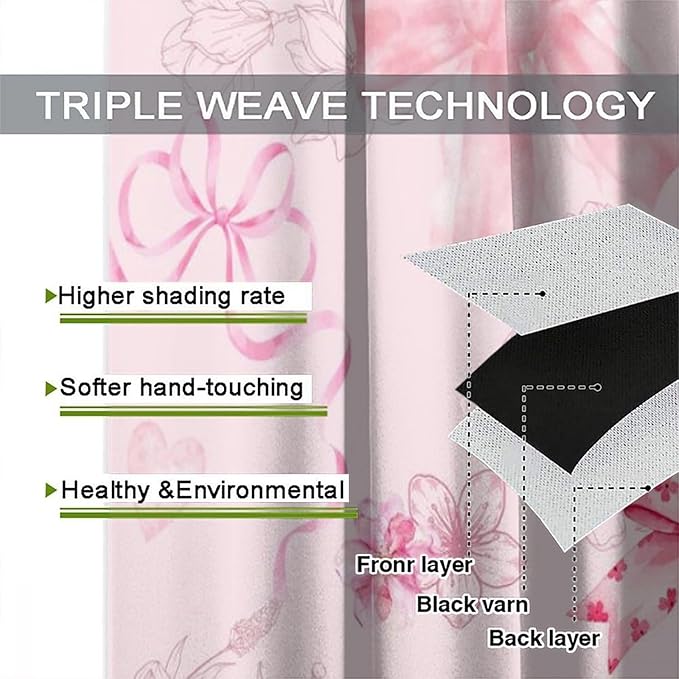 Pink Bow Blackout Curtain,Girly Kids Flower Fashion Floral Cute Bownot Modern Window Curtains for Dining Room Living Room Kitchen Cafe Bedroom Office Drapes,84x84 in