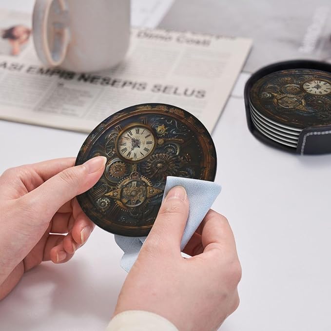 Steampunk Clocks Leather Drinks Coasters with Holder, Set of 6, Suitable for Various Cups