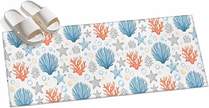 Runner Rug for Bedroom Hallway, Coastal Starfish Shell Coral Kitchen Runner Rugs Area Rug 2x6ft, Ocean Bubble Blue Black Orange Washable Soft Floor Carpet for Entryway Stair
