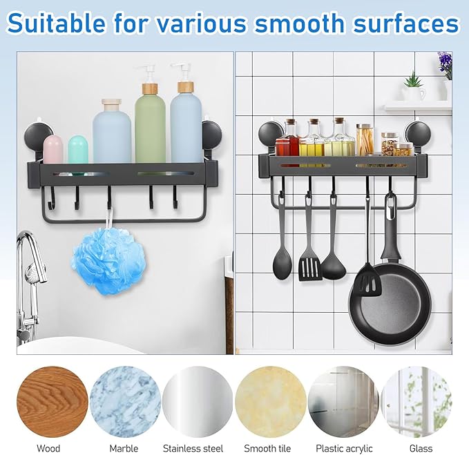 Mobestech Suction Cup Kitchen Spice Rack with Hooks, Gray Wall-mounted Seasoning Organizer, Space-saving Suction Cup Storage for Pantry and Bathroom Accessories