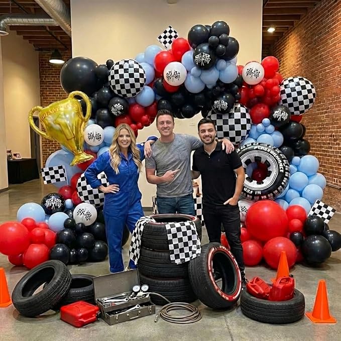 Race Car Balloons Arch Kit -162Pcs Trophy, Flags, Tire, Checkered, Wheels and Red Black Blue Balloon Garland Kit for Racing Car Theme Two Fast 2nd One Theme 1st Boy Birthday Party Decorations