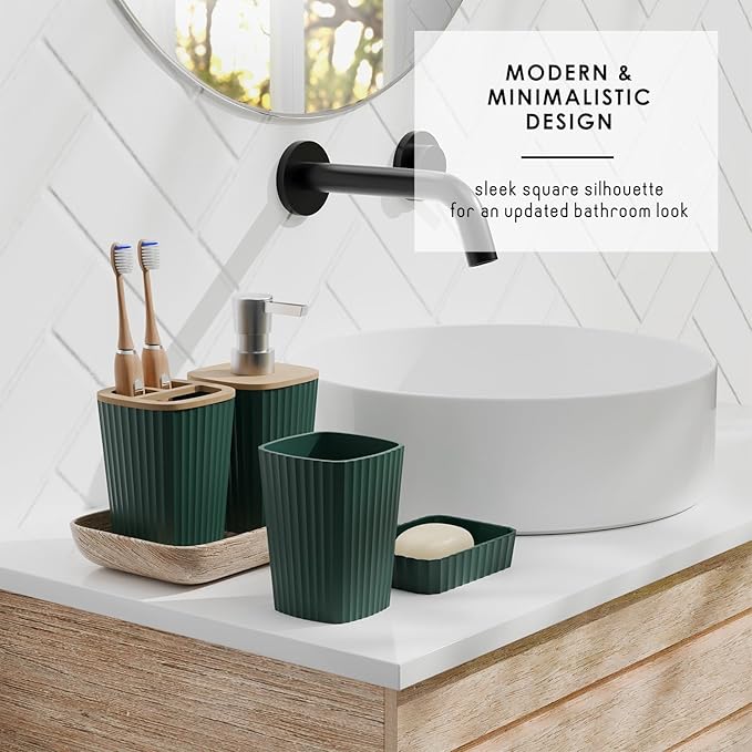 Clara Clark Bathroom Accessories Set - Bathroom Set, Bathroom Sets with Shower Curtain and Rugs, Shower Curtain Set with Bathroom Trash Can - Green - 22PC