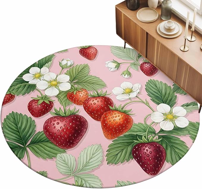 Washable Round Area Rug Summer Strawberry Bush on Pink Circle Rugs Floor Carpet for Living Room Bedroom, Forest Green Foliage Soft Non Slip Round Rug 3ft