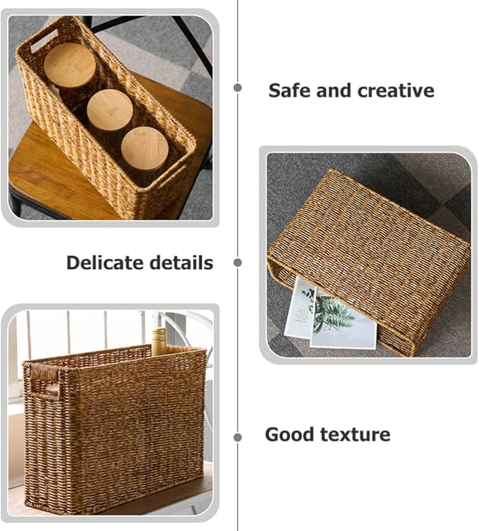 Happyyami Hand-Woven Magazine Basket Magazine Wicker Basket Rattan Magazine Holder Desk Storage Baskets with Handle for Bathroom Office