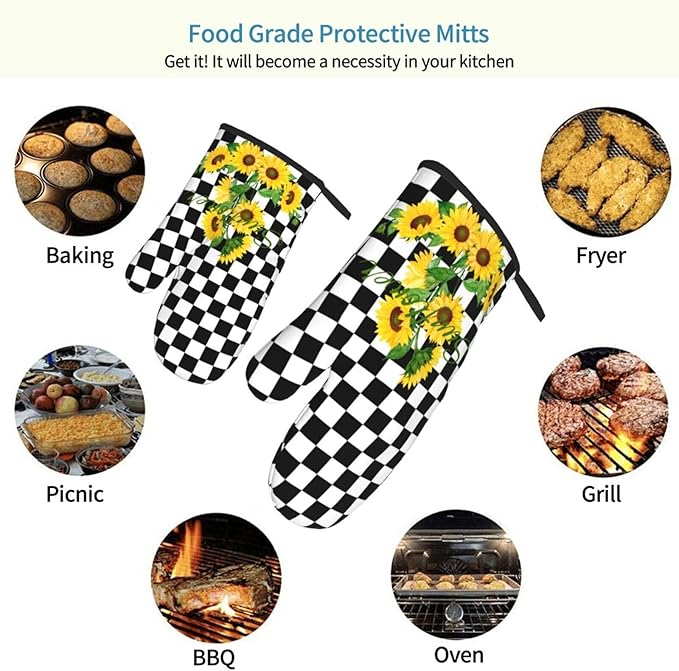 Sunflower Oven Mitts of 2-Pack Set, Funny Kitchen Gloves Heat Resistant Non-Slip Kitchen Mitts Safe Cooking Baking Grilling