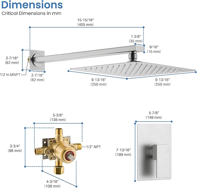KIBI Cube Bathroom Shower System | Single Function Wall Mounted Shower Faucet Set for Bathroom with Solid Brass Pressure Balanced Construction (Brushed Nickel) (KSF411)