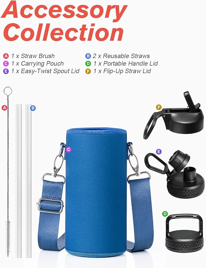 Coolflask Water Bottle 32 oz Insulated with Straw, Stainless Steel Metal 3 Lids Water Flask Wide Mouth for Sports or Office, Non-BPA Keep Cold Up to 48 Hrs or Hot Up to 24 Hrs, King's Blue