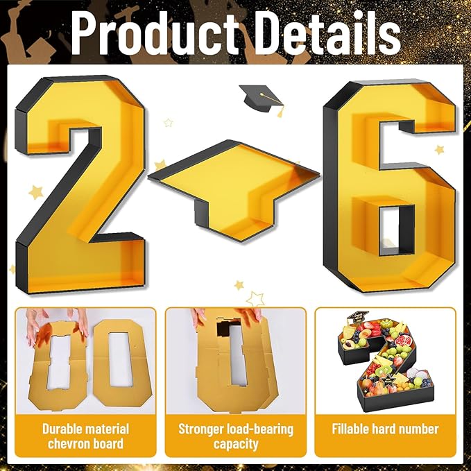 26 Fillable Number for Charcuterie with Grad Cap Shaped Cardboard Tray Black Gold 2026 Graduation Party Table Decorations 13.8'' Pre-cut Board Storage Decorative Paper Mache Box College Grad