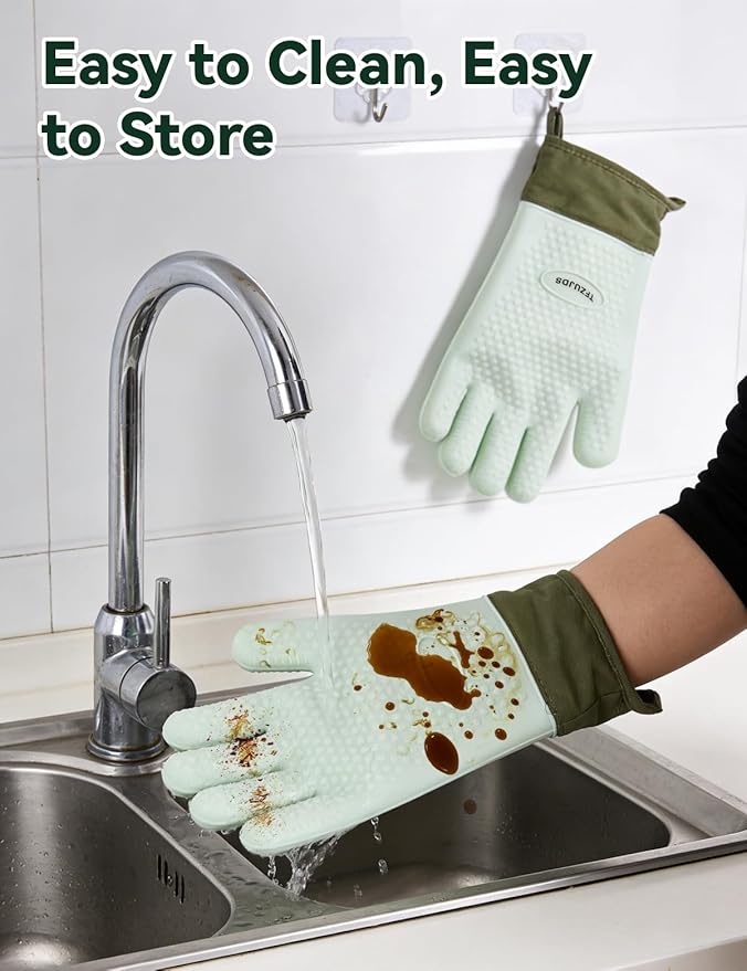 Silicone Oven Mitts with Five-Finger Design, Extended Cuff & Soft Cotton Lining – Heat Resistant, Waterproof, Non-Slip Oven Gloves for Baking, Cooking, Grilling, Safe Grip on Hot Cookware - Green