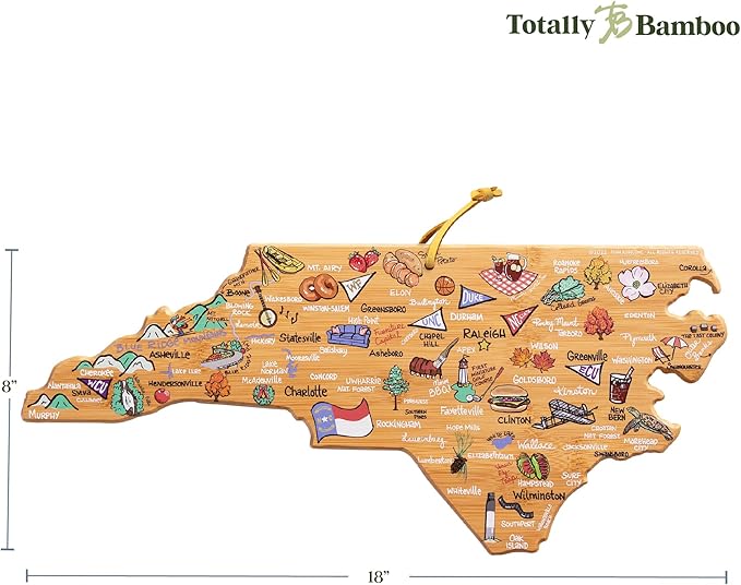 Totally Bamboo North Carolina State Shaped Cutting Board and Charcuterie Serving Platter with Artwork by Fish Kiss, Includes Hang Tie for Wall Display
