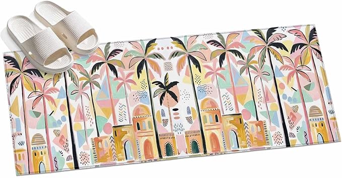 Runner Rug for Bedroom Hallway, Boho Summer Artistic Palm Trees Kitchen Runner Rugs Area Rug 2x6ft, Abstract Buildings Washable Soft Floor Carpet for Entryway Stair