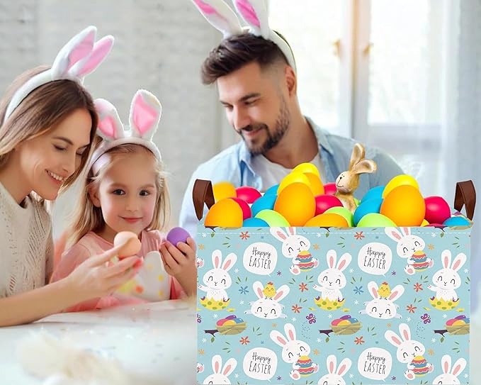 Large Rectangular Easter Baskets Empty Waterproof Boy Toy Box Foldable Kid's Gifts Storage Bin Spring Room Decor(Flower Rabbit Holding Egg)