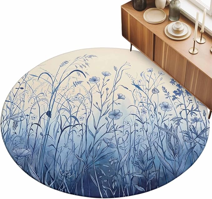Washable Round Area Rug Vintage Boho Blue Wildflowers Meadow Circle Rugs Floor Carpet for Living Room Bedroom, Abstract Flower Soft Non Slip Round Rug 5ft