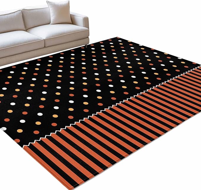 Area Rug 3x5ft, Halloween Polka Dots Orange Stripes Washable Rugs for Living Room Bedroom, Seamless Dot on Black Soft Non-Slip Area Rugs Rectangle Floor Carpet for Dining Room