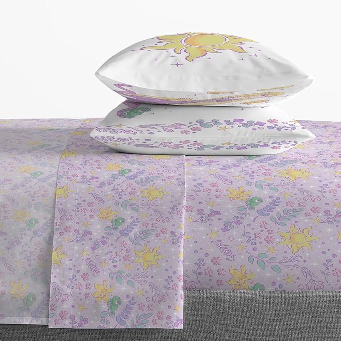 Jay Franco Kids Sheet Set with Fitted, Flat Sheets & Pillow Cover - Ultra-Soft Bedding with Pillowcase for Room Decor, Purple - Disney Princess Rapunzel, 4 Piece Queen