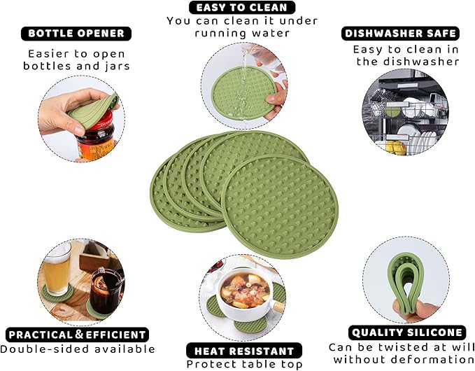 Coasters for Drinks 6 Pack Drinking Coaster with Holder,Heat Resistant Silicone Cup Mat Tabletop Protection,Non-Slip Rubber Coasters for Kinds of Cups (Green)