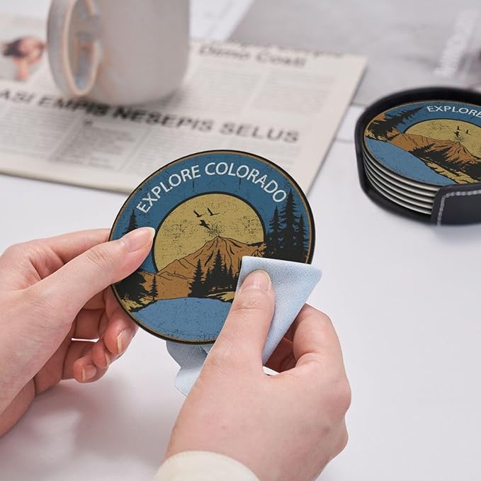 Colorado Lake Leather Drinks Coasters with Holder, Set of 6, Suitable for Various Cups