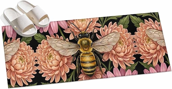 Runner Rug for Bedroom Hallway, Vintage Honey Gold Bee Pink Flowers Kitchen Runner Rugs Area Rug 2x6ft, Sage Green Leaves Washable Soft Floor Carpet for Entryway Stair
