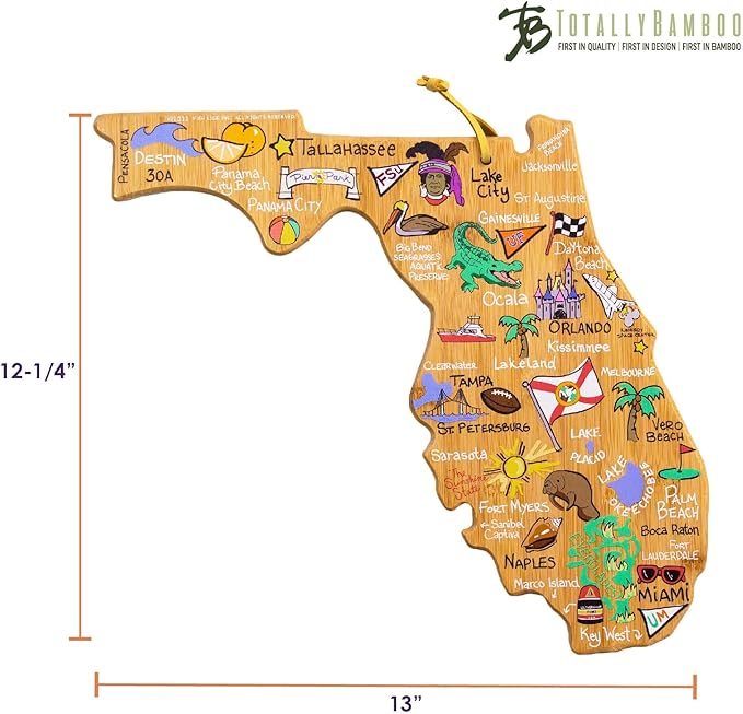 Totally Bamboo Florida State Shaped Cutting Board and Charcuterie Serving Platter with Artwork by Fish Kiss, Includes Hang Tie for Wall Display