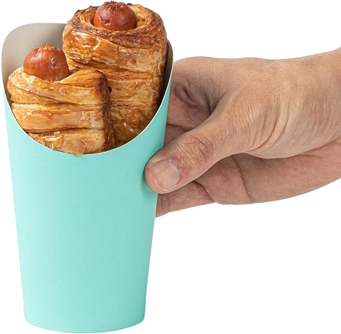 Restaurantware Bio Tek 16 Ounce French Fry Containers 100 Disposable Charcuterie Cups - Incline Design Round Turquoise Paper French Fry Cups Stackable For Waffles Chips or Popcorn