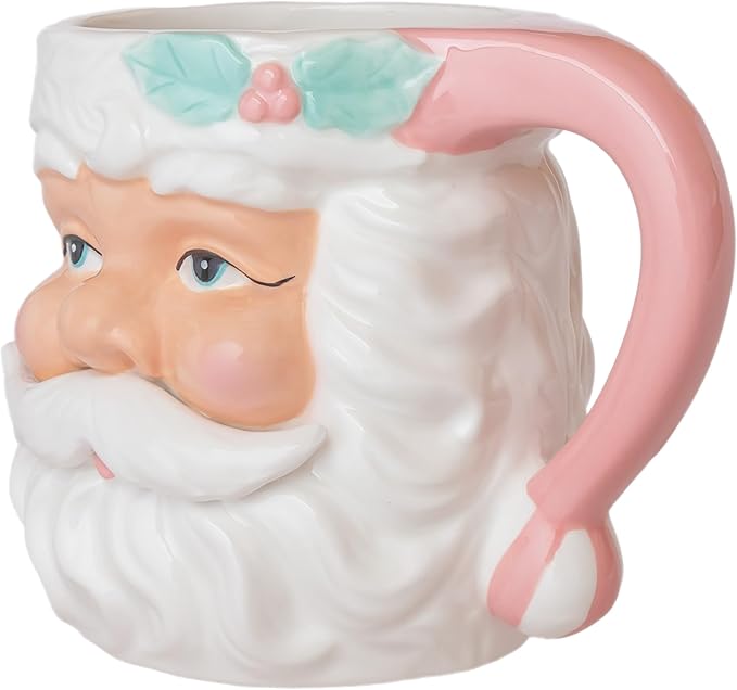 Boston International Ceramic Mug for Coffee Tea & Hot Drinks, 15 oz, Pink Santa Holly