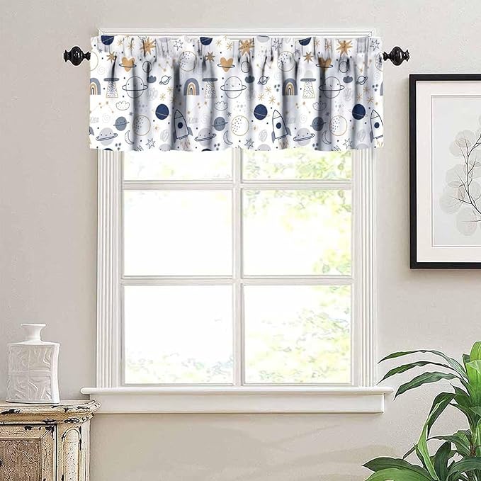 Kids Cartoon Space Valance, Cute Rainbow Planet Stars Rocket Moon Short Window Treatment for Kitchen Bedroom Living Room Nursery Decor, 54x18Inch