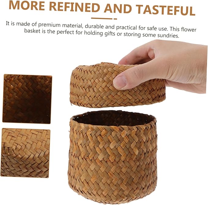 Cabilock 2pcs Handmade Woven Storage Basket Mini Seagrass Flower Packing Box for Sundries Home Decor and Gifting Attractive Natural Design for Organizing and Displaying