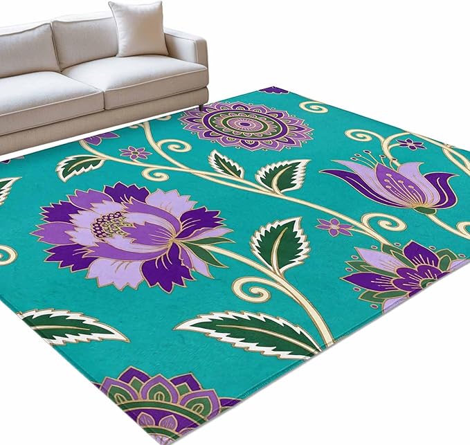 Area Rug 8x10ft, Bohemian Purple Flowers Washable Rugs for Living Room Bedroom, Paisley Floral Art Soft Non-Slip Area Rugs Rectangle Floor Carpet for Dining Room