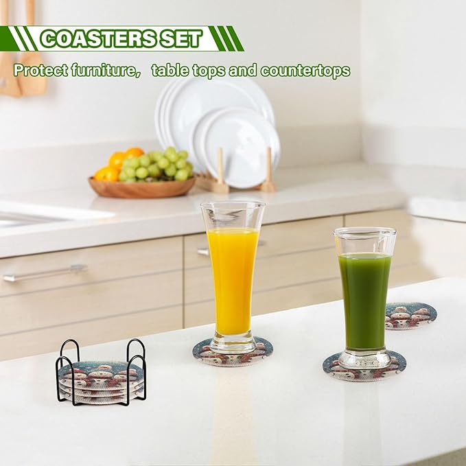 YETTASBIN Christmas Snowman 6 Pcs Drink Coasters with Holder, Cotton Woven Absorbent Heat-Resistant Round Coaster Set Tabletop Protector for Kitchen Bar Home Decor Housewarming Gift, 3.9 in