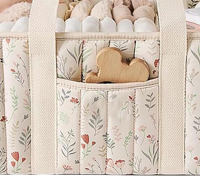 Quilted Fabric Storage Basket Floral Baby Diaper Caddy Quilted Basket for Nursery Bedroom Car Storage (L- Beige 02)
